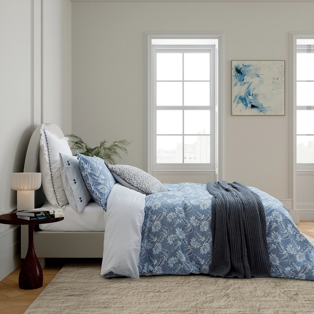 Miya Floral Bedding by Bedeck of Belfast in Chambray Blue